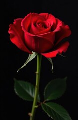 Naklejka premium A single red rose with vibrant petals is displayed against a black background highlighting its intricate details and lush green leaves symbolizing love and passion.