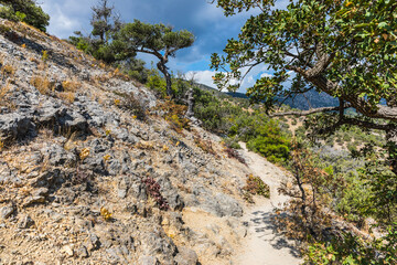 Views from the tourist mountain trail to Peak Cosmos on the Karaul-Oba mountain range on the Black Sea coast near the Golitsyn trail near  the village of Novy Svet, Crimea, Russia.