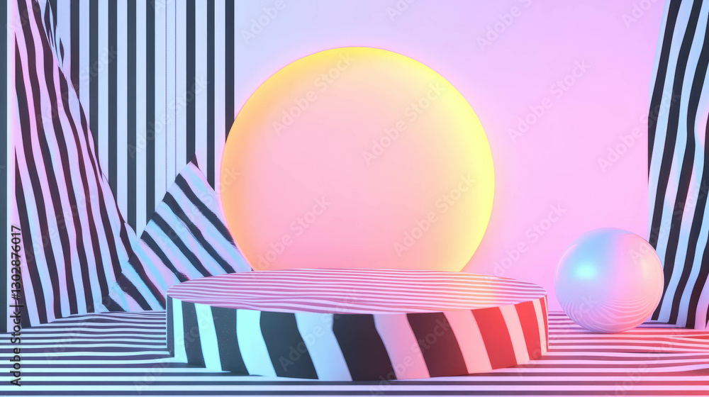 Poster striped abstract background with illuminated podium and vibrant colors for modern design