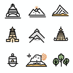 Diverse Icon Set Featuring Buildings, Volcanoes, and Forest Scenes