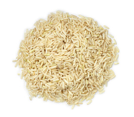 Pile of raw brown rice isolated on white, top view