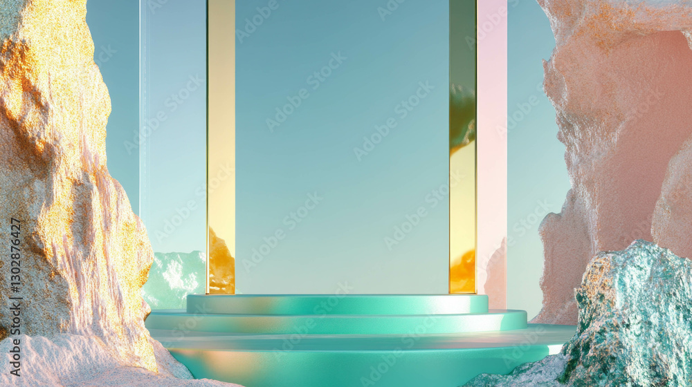 Poster abstract geometric background with reflective podium and iridescent colors