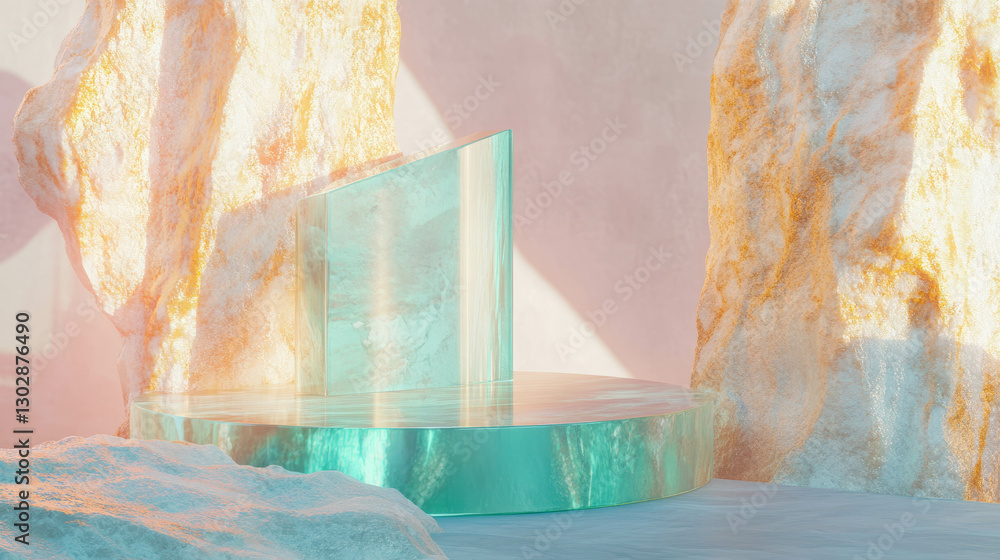 Poster modern abstract background with glass podium and stone elements for design and display