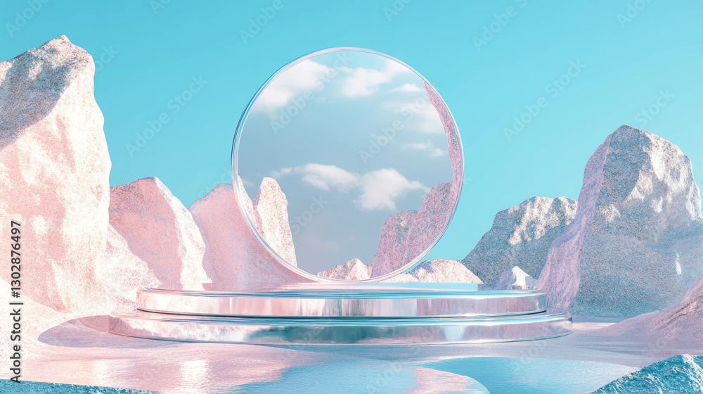 Poster abstract background with podium and iridescent mirror in surreal landscape design