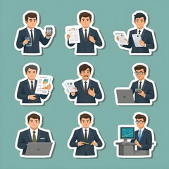 Fototapeta premium An illustration of Business & Office Professionals, arranged neatly in a grid. Each character represents a distinct role with appropriate attire and props: CEO, CFO, HR Manager, Marketing Specialis_12
