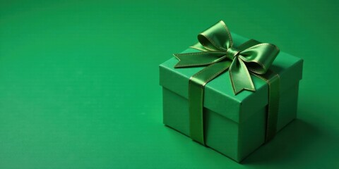 Obraz premium A luxuriously wrapped emerald green gift box, adorned with a matching satin ribbon and bow, rests elegantly on a coordinating backdrop.