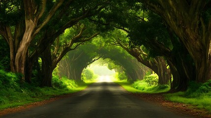 Naklejka premium Serene road photography in lush green nature travel destination tranquil environment captivating viewpoint