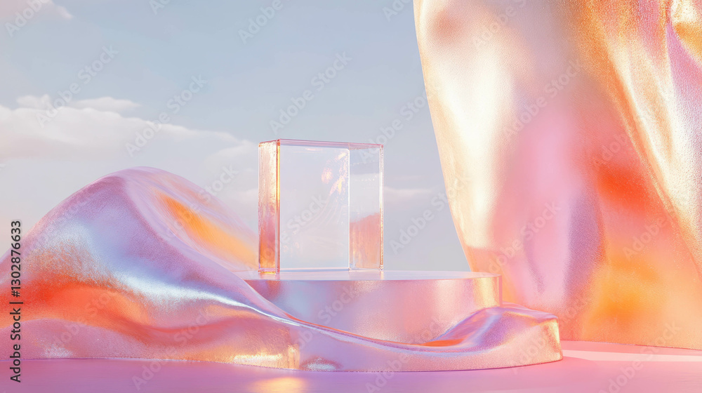 Poster abstract dreamy landscape with podium and iridescent fabric for creative design and display concepts
