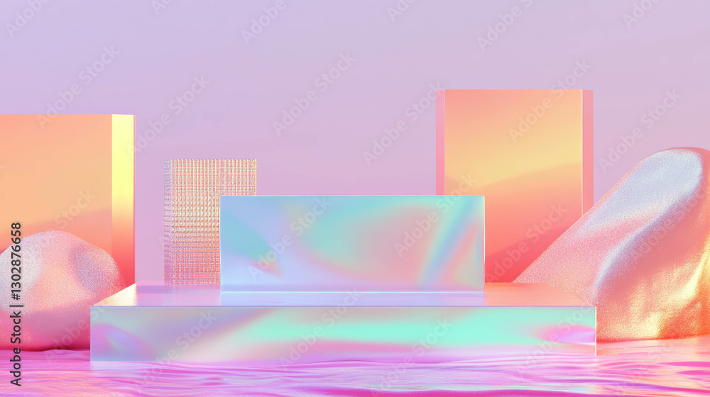 Aufkleber Iridescent abstract background with podium and geometric shapes for modern display design