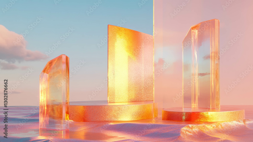 Aufkleber abstract background with golden podium and iridescent structures for design