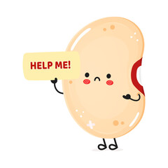 An adorable kidney bean cartoon is holding a help me sign on a white background.