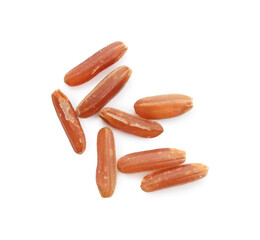 Fresh raw brown rice isolated on white, top view