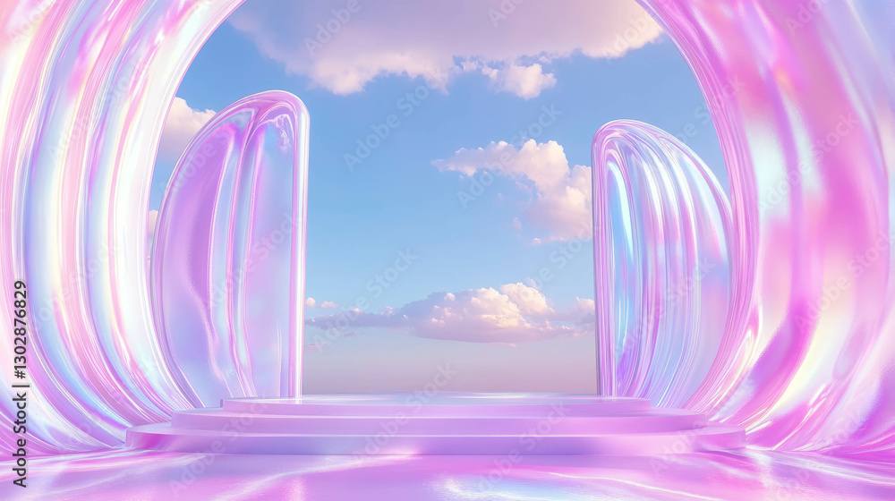 Poster serene abstract background with podium and dreamy pastel colors for design elements