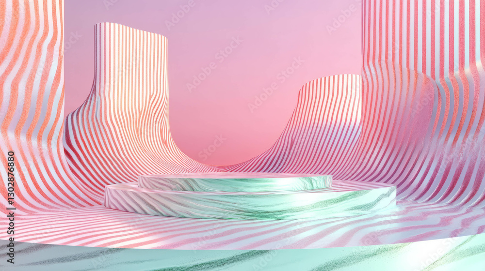 Poster Abstract pastel background with podium and wavy striped patterns for design projects
