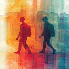 Abstract walking figures in vibrant colors urban environment digital artwork artistic viewpoint conceptual display