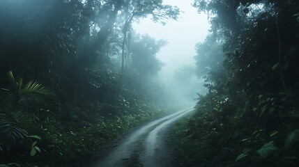 Fototapeta premium Mysterious foggy road photography for travel enthusiasts in lush nature landscape