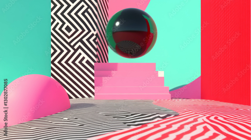 Poster Colorful geometric abstract background with podium and zigzag patterns for creative design
