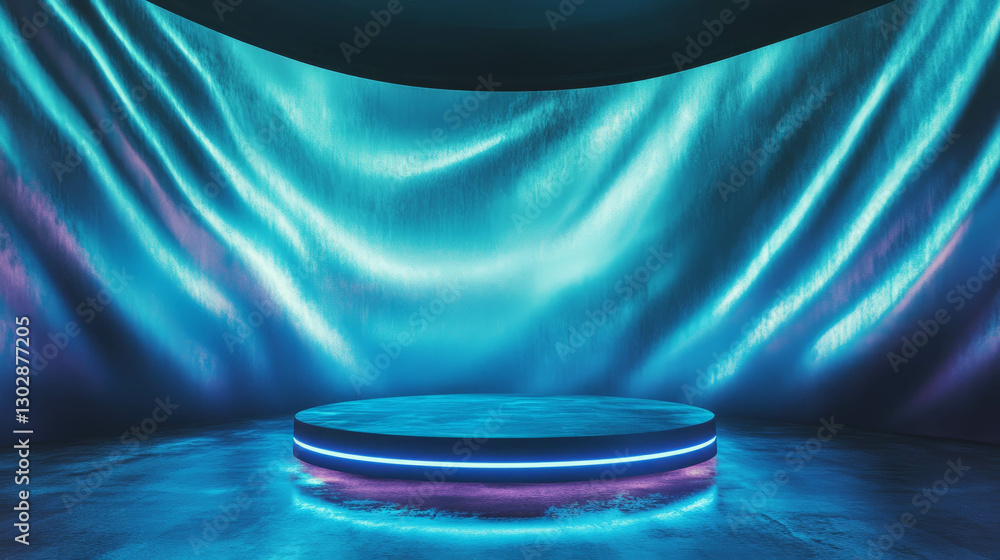 Poster illuminated podium with abstract blue background for modern design concepts