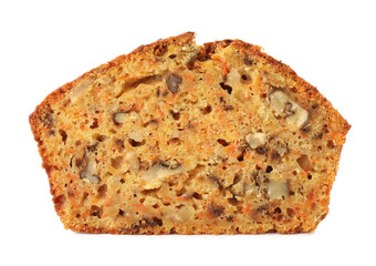 Cut homemade carrot cake with nuts isolated on white
