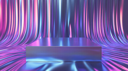 Abstract metallic podium with vibrant gradient background for modern art display