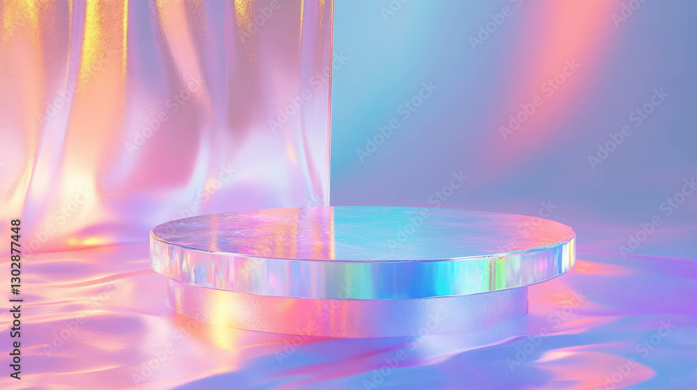 Poster iridescent abstract background with holographic podium for design projects