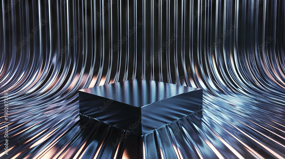 Poster futuristic abstract background with metallic brush texture and podium for modern design