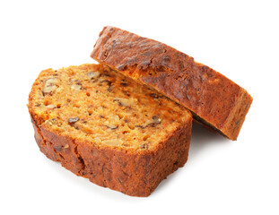 Pieces of homemade carrot cake with nuts isolated on white