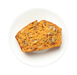 Piece of homemade carrot cake with nuts isolated on white, top view