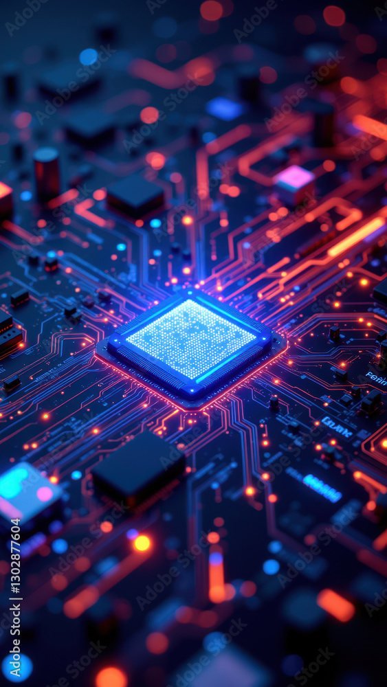 Poster advanced technology microchip with illuminated blue integrated circuit on a motherboard.
