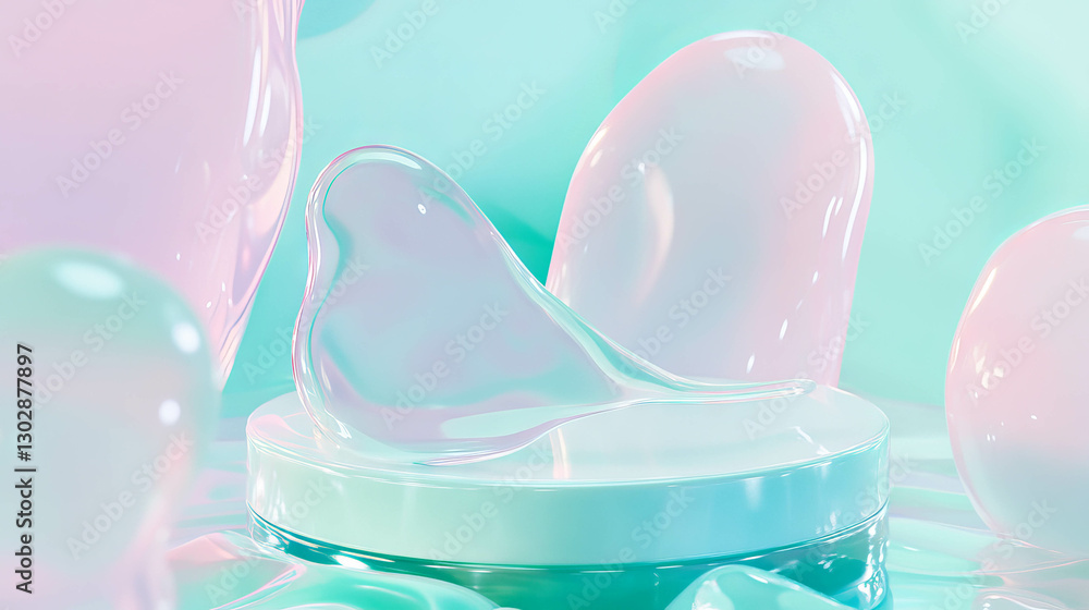 Poster abstract frosted background with glassy podium and pastel shapes for modern design
