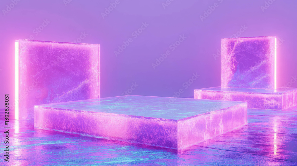 Poster neon glowing podium on abstract background for modern display design