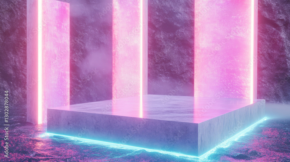 Aufkleber Futuristic glowing podium with neon lights in abstract background for design and display