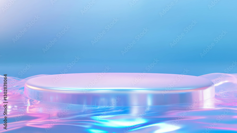 Poster futuristic ice podium on abstract iridescent background for modern display design