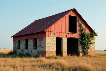 Obraz premium Rustic Barn Structure in a Golden Field, Partially Constructed of Stone and Wood, with a Weathered Red Roof and Partially Grown Over with Vegetation