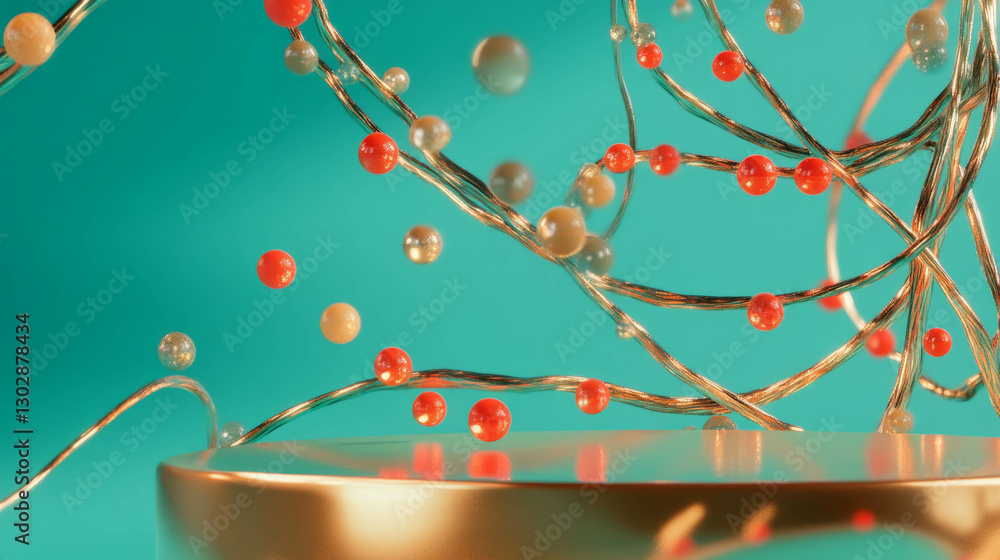 Poster Futuristic abstract scene with metallic podium and floating spheres