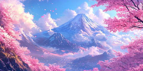 Majestic Mountain with a Blooming Field of Pink Flowers in the Background