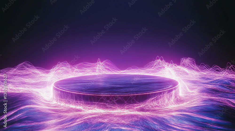 Poster futuristic neon abstract background with glowing podium for digital display
