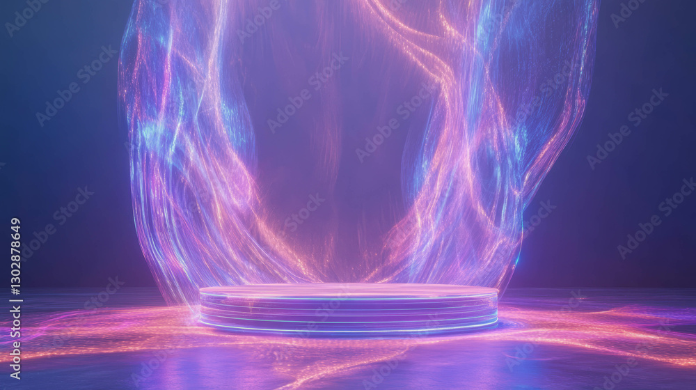 Poster futuristic abstract background featuring glowing podium with ethereal lights