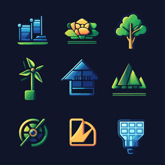 Green Energy Icon Set with Solar Panel, Tree, Windmill, and Eco Symbols
