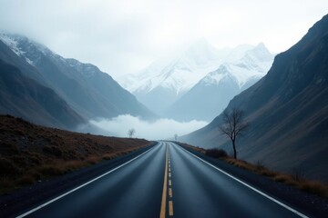 Asphalt ribbon unwinding towards snow-capped peaks, a misty valley embraced by majestic mountains, solitary trees lining the path