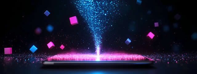 Obraz premium Holographic Data Funnel Emerging from Tablet