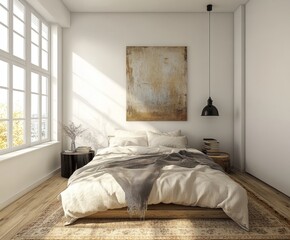 Sunlit minimalist bedroom with large window, wooden floor, and neutral bedding.