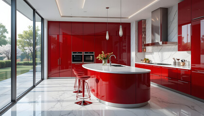 "A luxurious modern kitchen with a sleek red high-gloss finish on cabinets and drawers, complemented by white marble countertops and backsplash with elegant gray veining. The floor is polished white m