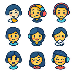Diverse faces emotions cartoon avatars with headphones and various moods