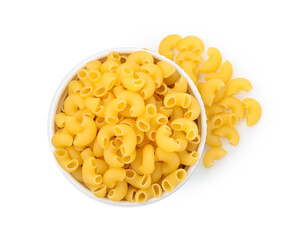 Raw horns pasta in bowl isolated on white, top view