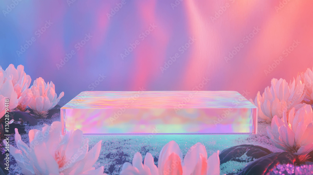 Poster vibrant abstract background with multi-colored podium and floral elements