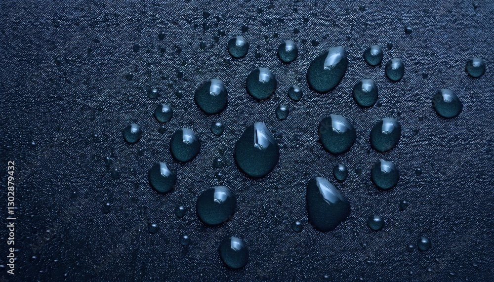 Poster macro water droplets on dark textured surface with condensation, high contrast moisture pattern, abs