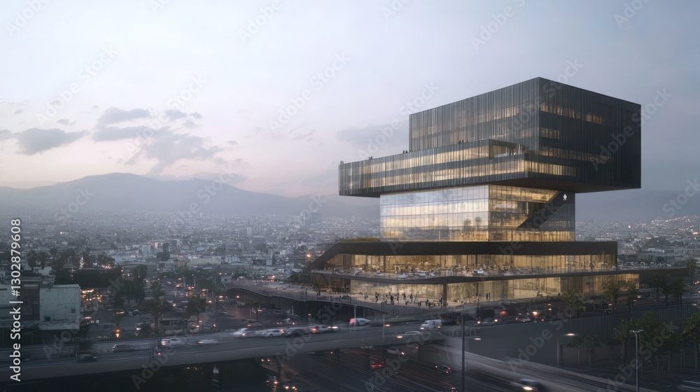 Poster modern architecture building with cityscape view at dusk in urban setting