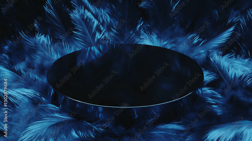 Poster abstract background with polished podium and blue feather texture