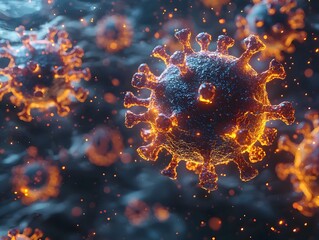 Obraz premium Vibrant Glowing Virus Particles Merging in Dynamic Visual Concept with Copy Space